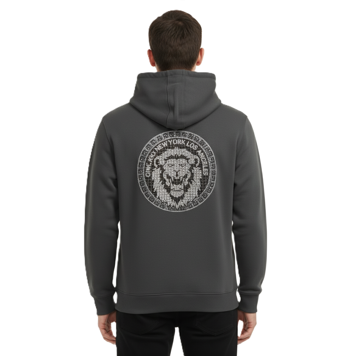 12 Pack Men’s Fashion Hoodie with Rhinestone Lion Emblem in Charcoal