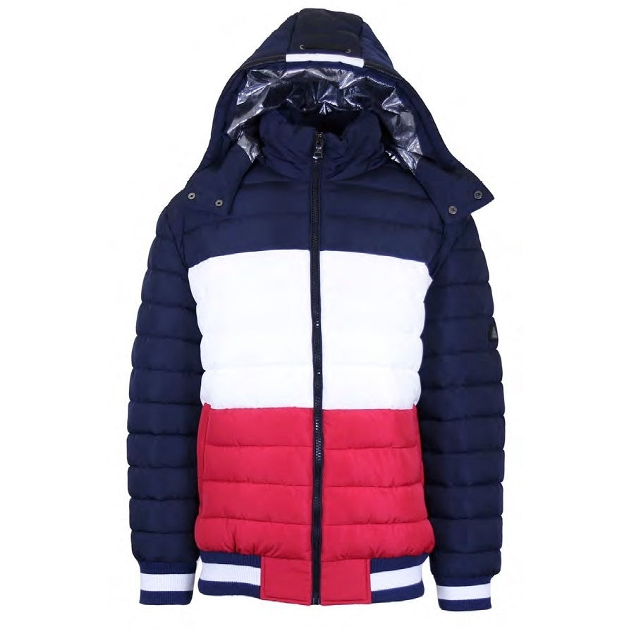 12 Pack Adult 3-Tone Bomber Jacket with Hood – Navy / White / Red