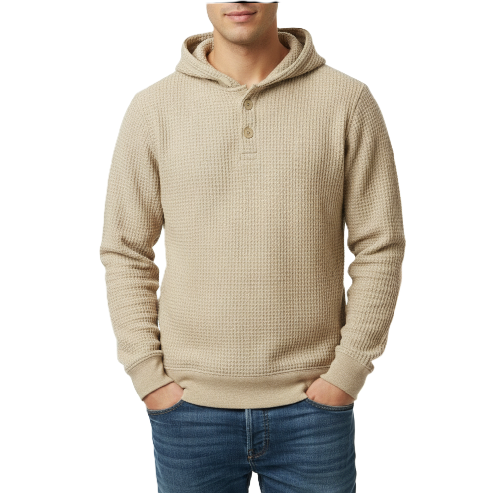 24 Pack Men's Waffle Knit Pullover Henley Hoodie Sweater in Beige