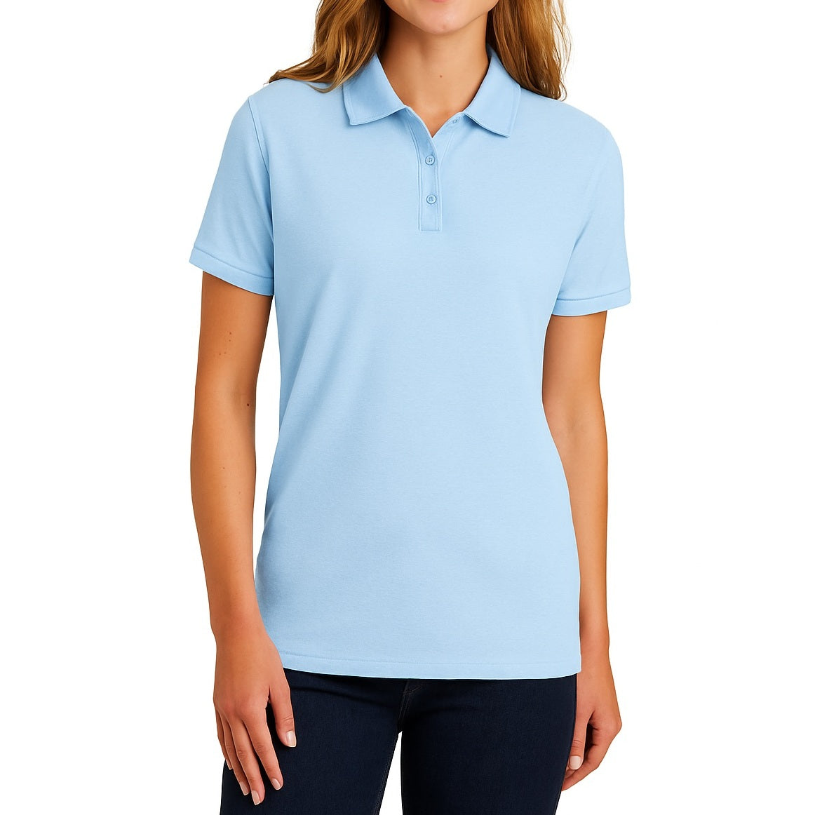 36 Pack Women's Short Sleeve Jersey Knit Polo Shirts - Light Blue