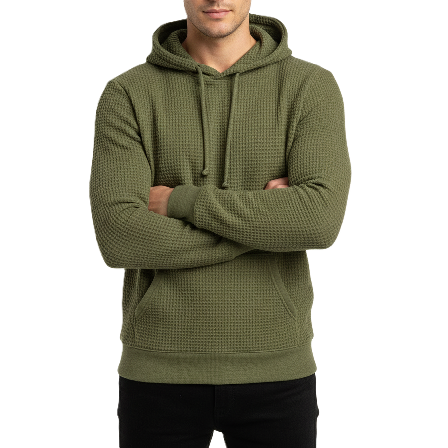 24 Pack Men's Waffle Knit Pullover Hooded Sweater in Olive