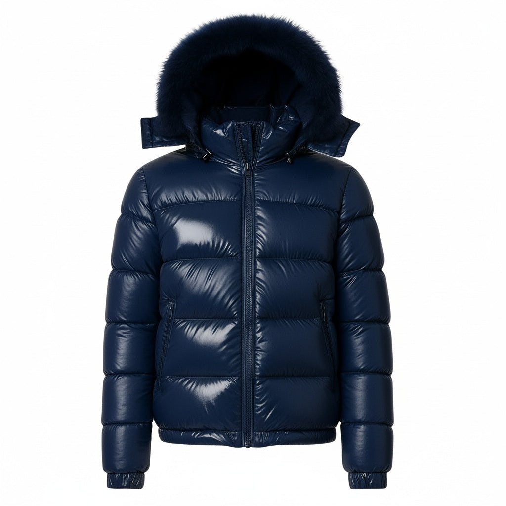 12 Pack Adult Shiny Bubble Jacket with Fur Hood in Navy