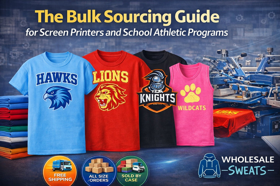 Bulk school jackets for students including varsity, puffer, bomber, and parka styles on a school campus background.