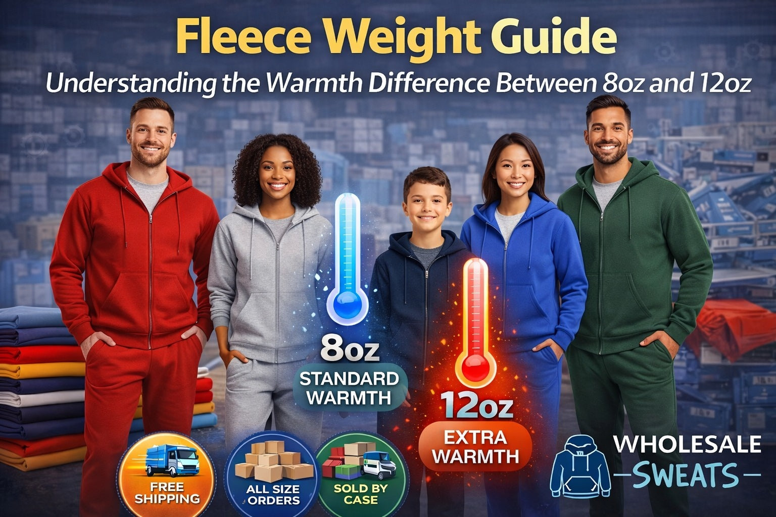 Men, women, and kids wearing fleece zip-up hoodies and joggers in different colors, comparing 8oz and 12oz fleece warmth.