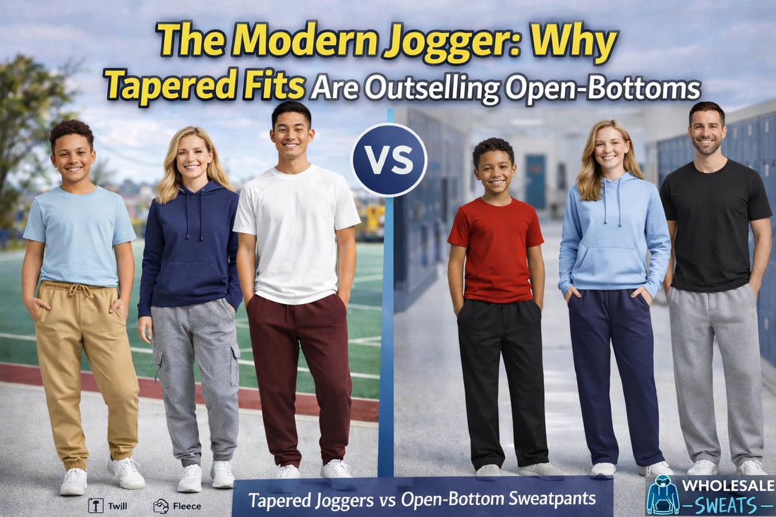 Split-screen comparison showing tapered joggers versus open-bottom sweatpants with visible ankle hems