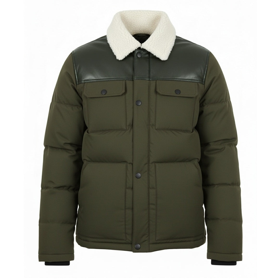 12 Pack Adult Puffer Jacket with Sherpa Collar in Olive