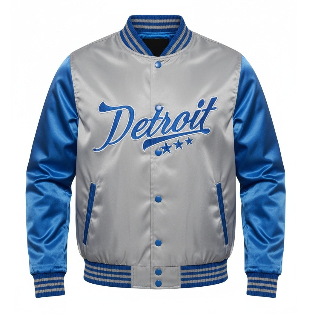 16 Pack Adult Lightweight Grey / Blue Satin Jacket with Detroit Embroidery