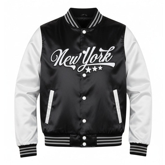 16 Pack Adult Lightweight Black / White Satin Jacket with New York Embroidery