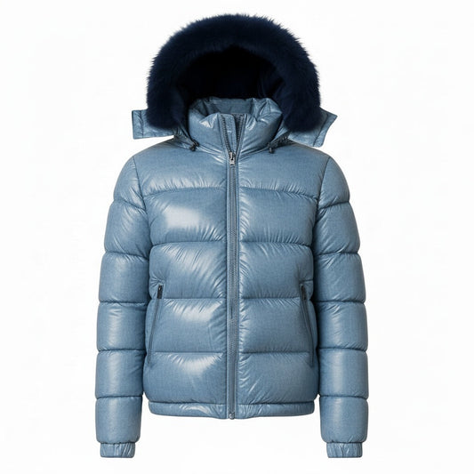 12 Pack Adult Shiny Bubble Jacket with Fur Hood in Denim