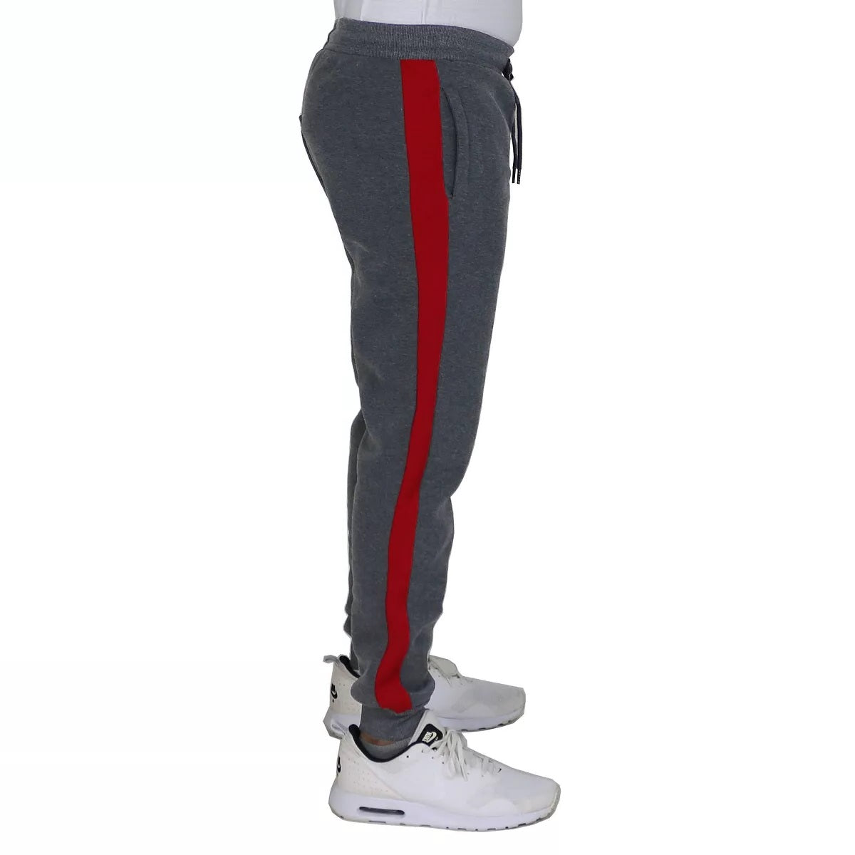 24 Pack Men's Fleece Jogger Sweatpants in Navy with Red Stripe
