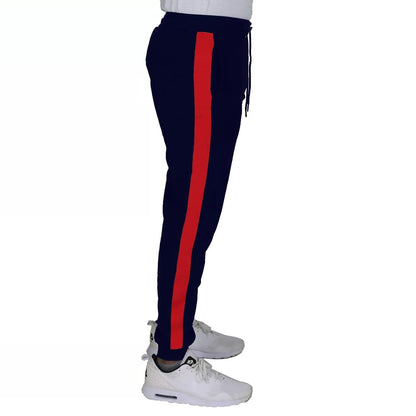 24 Pack Men's Fleece Jogger Sweatpants in Navy with Red Stripe
