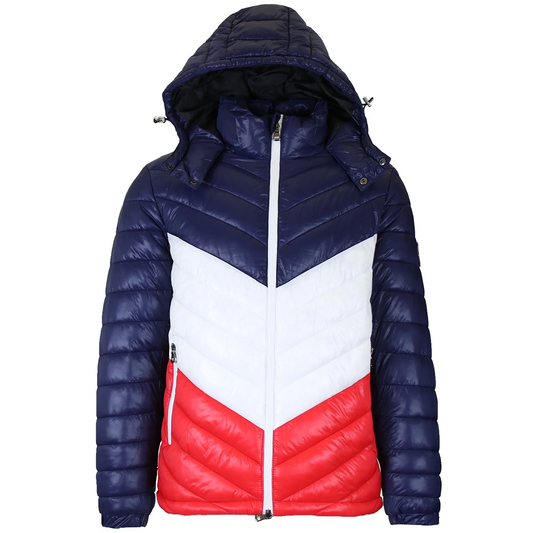 12 Pack Men's 3 Tone Bubble Jacket with Hood - Navy / White / Red