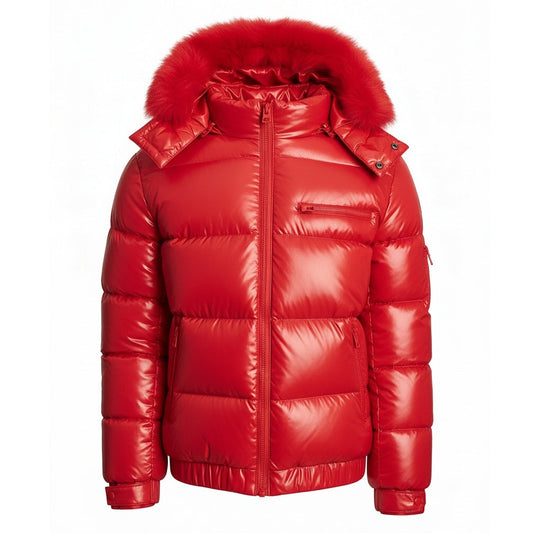 12 Pack Adult Matte Shiny Puffer Jacket with Fur Hood in Red
