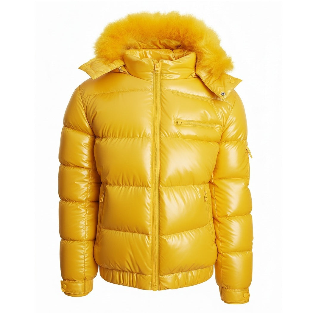 12 Pack Adult Matte Shiny Puffer Jacket with Fur Hood in Yellow