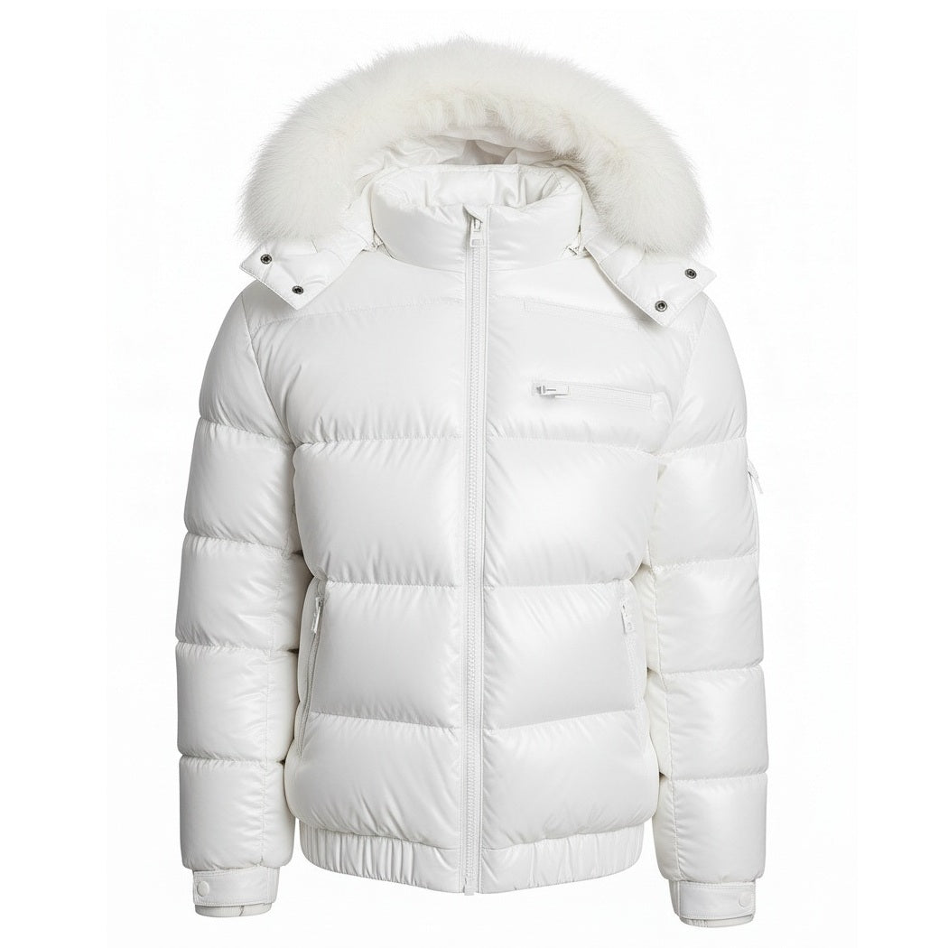 12 Pack Adult Matte Shiny Puffer Jacket with Fur Hood in White