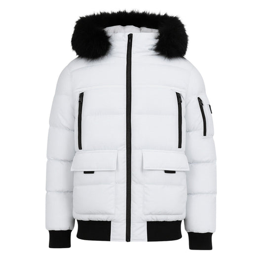 12 Pack Adult Bomber Puffer Jacket with Fur Hood in White