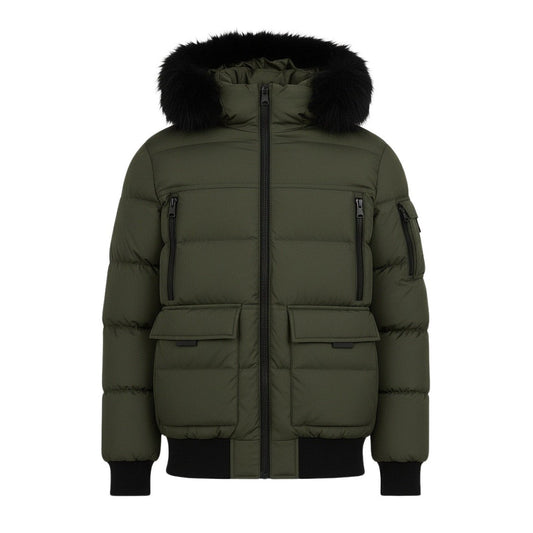 12 Pack Adult Bomber Puffer Jacket with Fur Hood in Olive