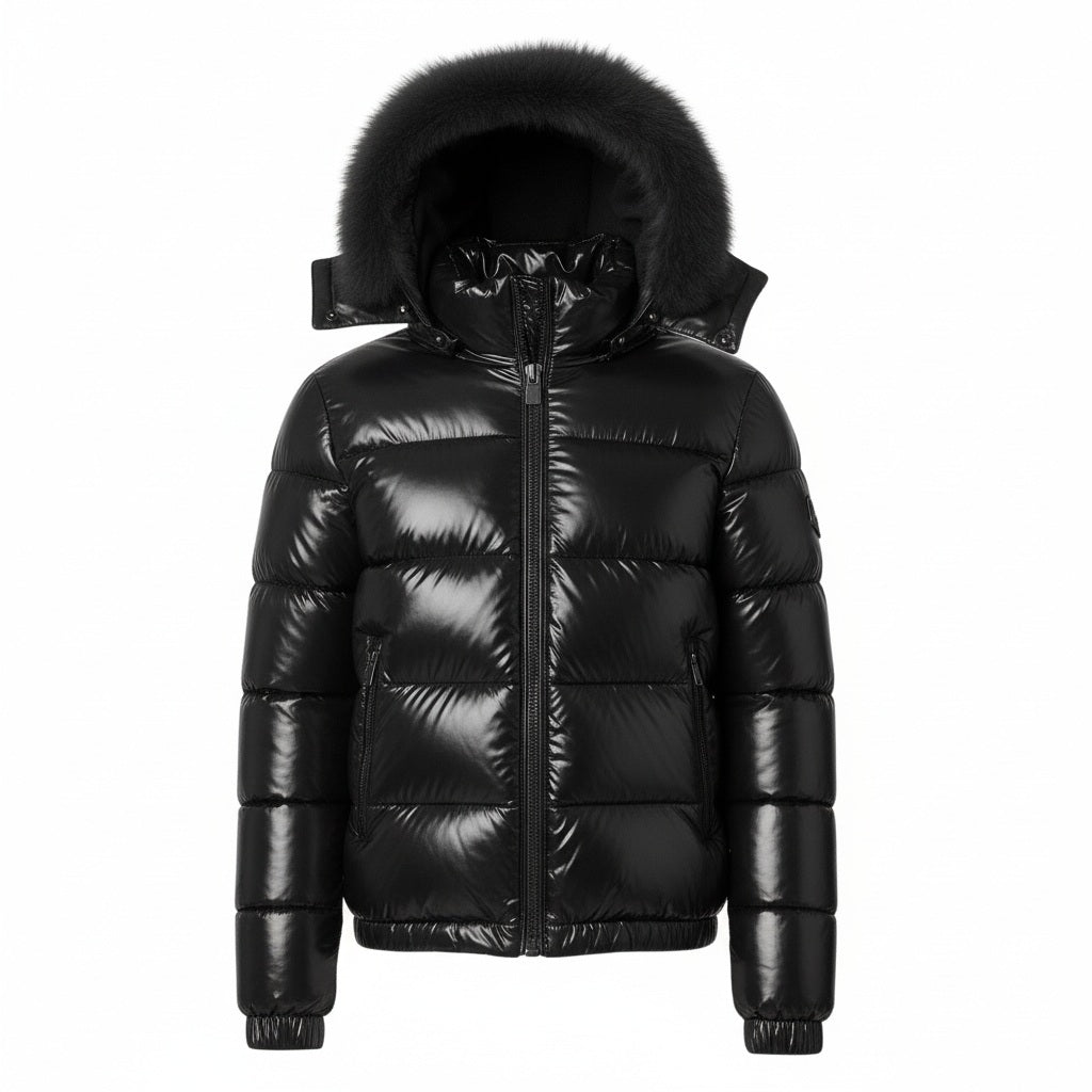 12 Pack Adult Shiny Bubble Jacket with Fur Hood in Black