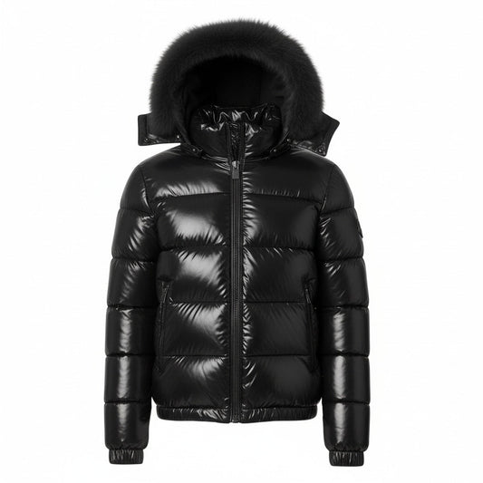 12 Pack Adult Shiny Bubble Jacket with Fur Hood in Black