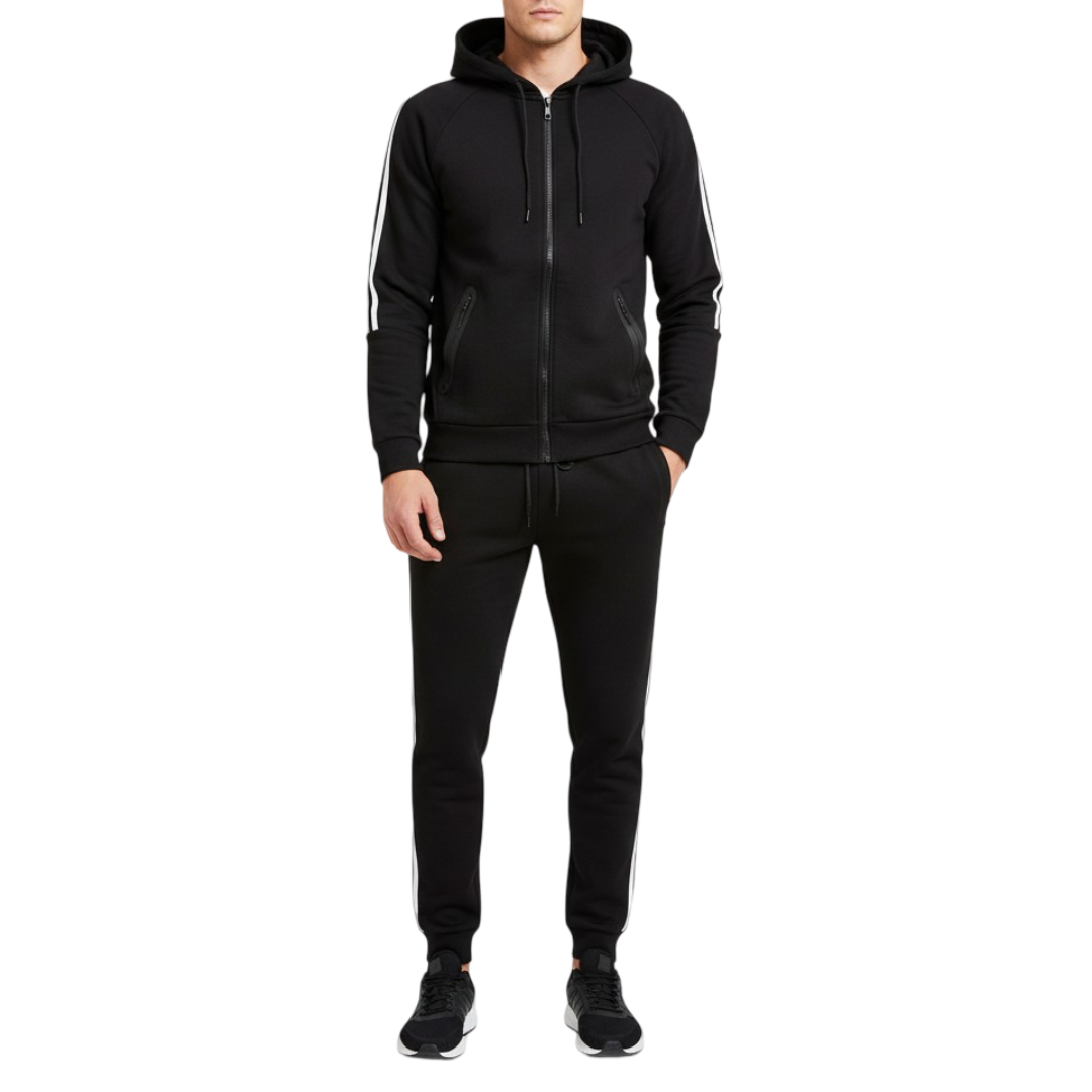 12 Pack Men's Tech Full Zip Hoodie & Jogger Pants Set in Black
