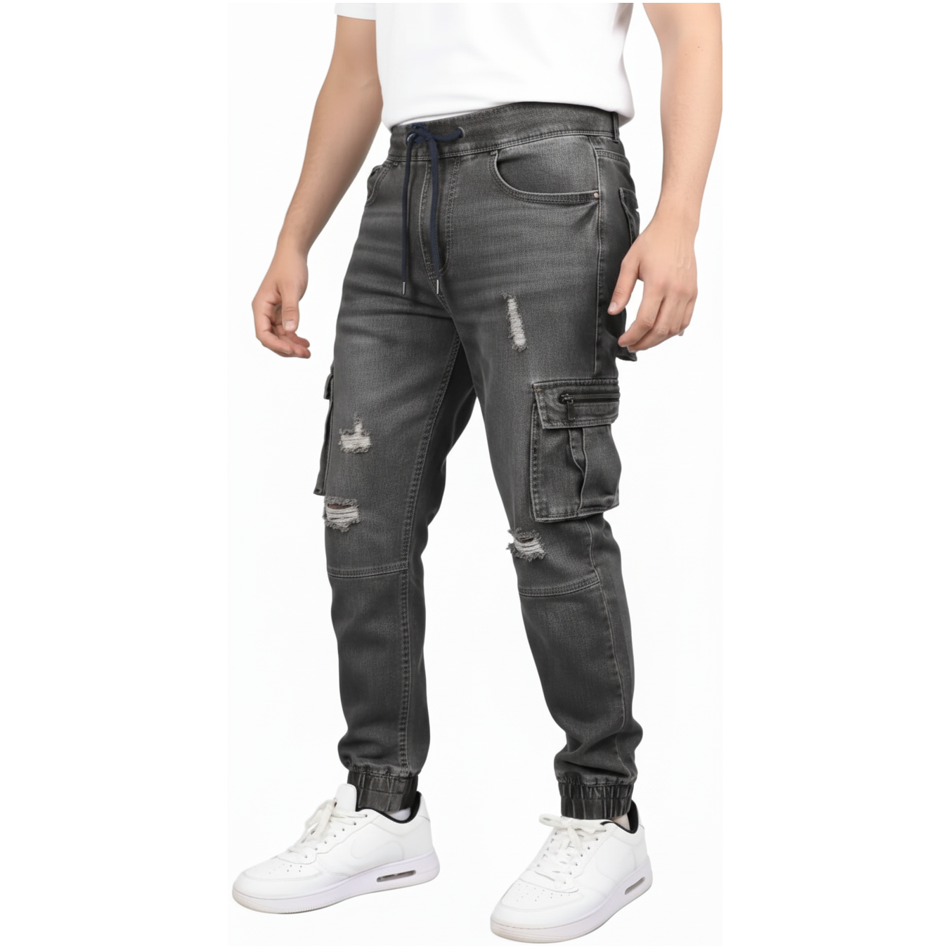 Wholesale Men’s Stretch Cargo Jogger Ripped Jeans in Black – Case of 24 ...