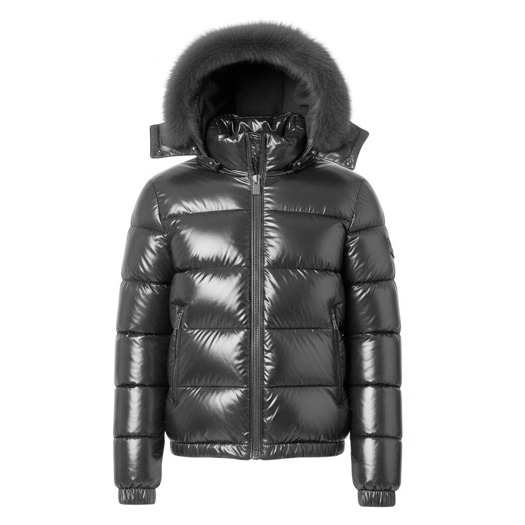 12 Pack Adult Shiny Bubble Jacket with Fur Hood in Dark Grey