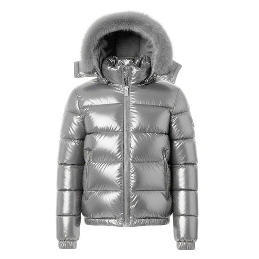 12 Pack Adult Shiny Bubble Jacket with Fur Hood in Silver