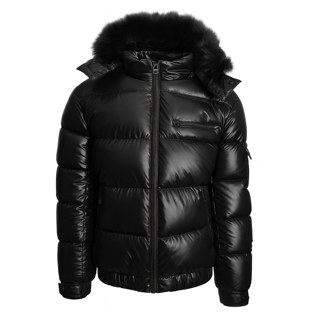 12 Pack Adult Matte Shiny Puffer Jacket with Fur Hood in Black